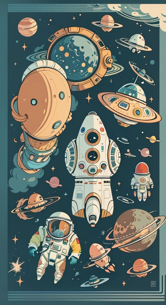 Space poster design。spaceship。The astronaut。Cartoon vector style, change， Flat anime style, Cartoon minimalism, Flat vector art, flatillustration, Cartoon Cute,