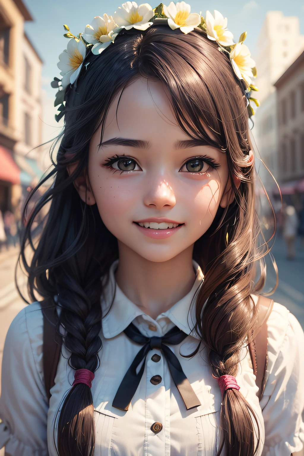 Flower, , A Young Girl, (Upper Body:1.2), (View Viewer:1.3), (girl Dress), (Flower Crown), (Aesthetically Pleasing City, Beautiful Sky Background), Natural Skin Tone, (Smiling Mouth:1.2), (Small Equal Breasts), Floating Hair, Beautiful Expression, Detailed Face, Detailed Eyes, Detailed Iris, Masterpiece, Best Premium Quality, Photo-Realistic, Ultra-Realistic, Super-Realistic. Ultra Detail Rich, Perfect Lighting, Shallow Depth of Field, Shadows, High Resolution, High Definition, High Quality