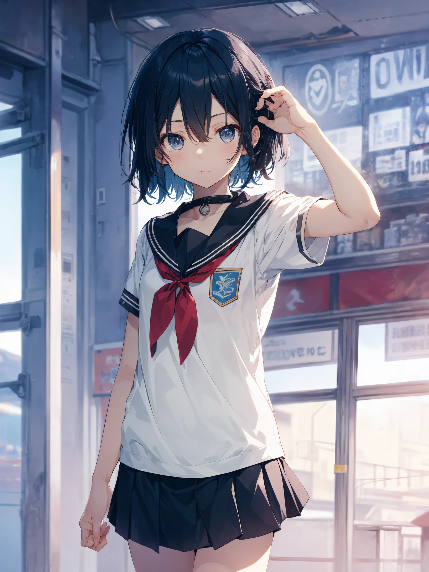best god quality, Ultra-detailed, anime moe art style,Best Anime 8K Konachan Wallpapers,Pixiv Contest Winner,Perfect Anatomy, (Draw a girl sleepily walking to school. ),BREAK, 1girl is both ceremonial, (Solo,Lori,,13yea:1.3),a junior gynous attraction, (Center part very short hair),hair messy, Forehead, Full limbs, complete fingers,flat chest, Small butt, groin, Small eyes,Beautiful detailed black eyes,Fine pupils,disgusted eye, School uniform, Skirt,On the way to school. BREAK,High resolution,super detailed skin, Best lighting powered by AI, Illustration,