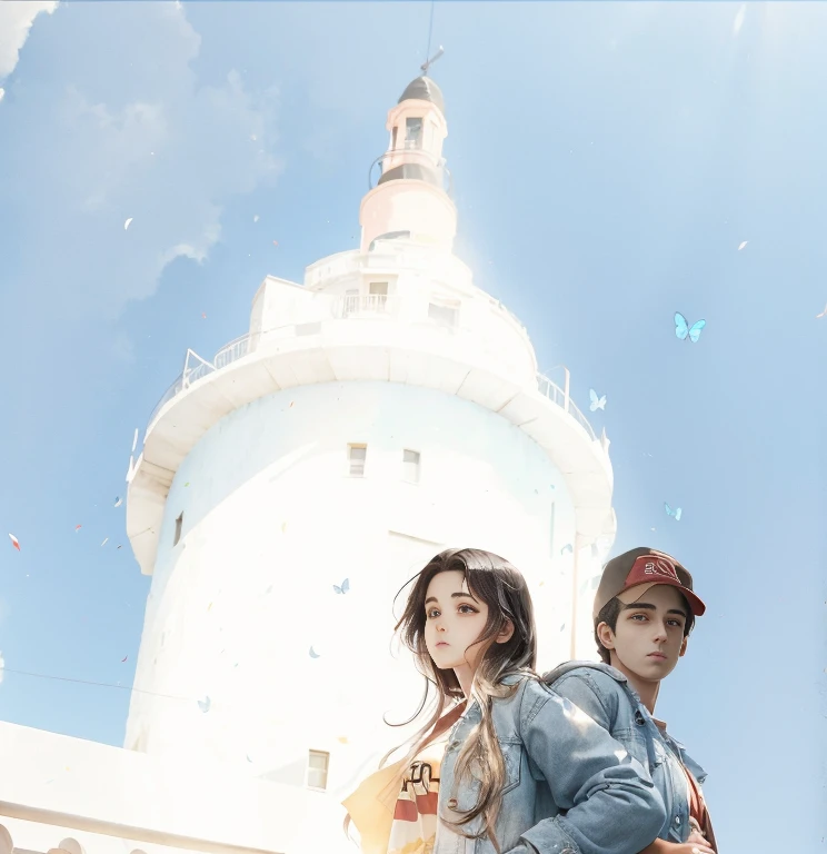 two couple anime, boy & girl they are falling love, cute girl, beautiful face, inner t-shirt, denim jacket, several color flying butterfly, daylight, blue sky, on the balcony, 4k, realistic quality, border frame, dynamic anime , dynamic image, high quality, black hair, red eyes, light particles, light rays, wallpaper, high contrast, colorful,