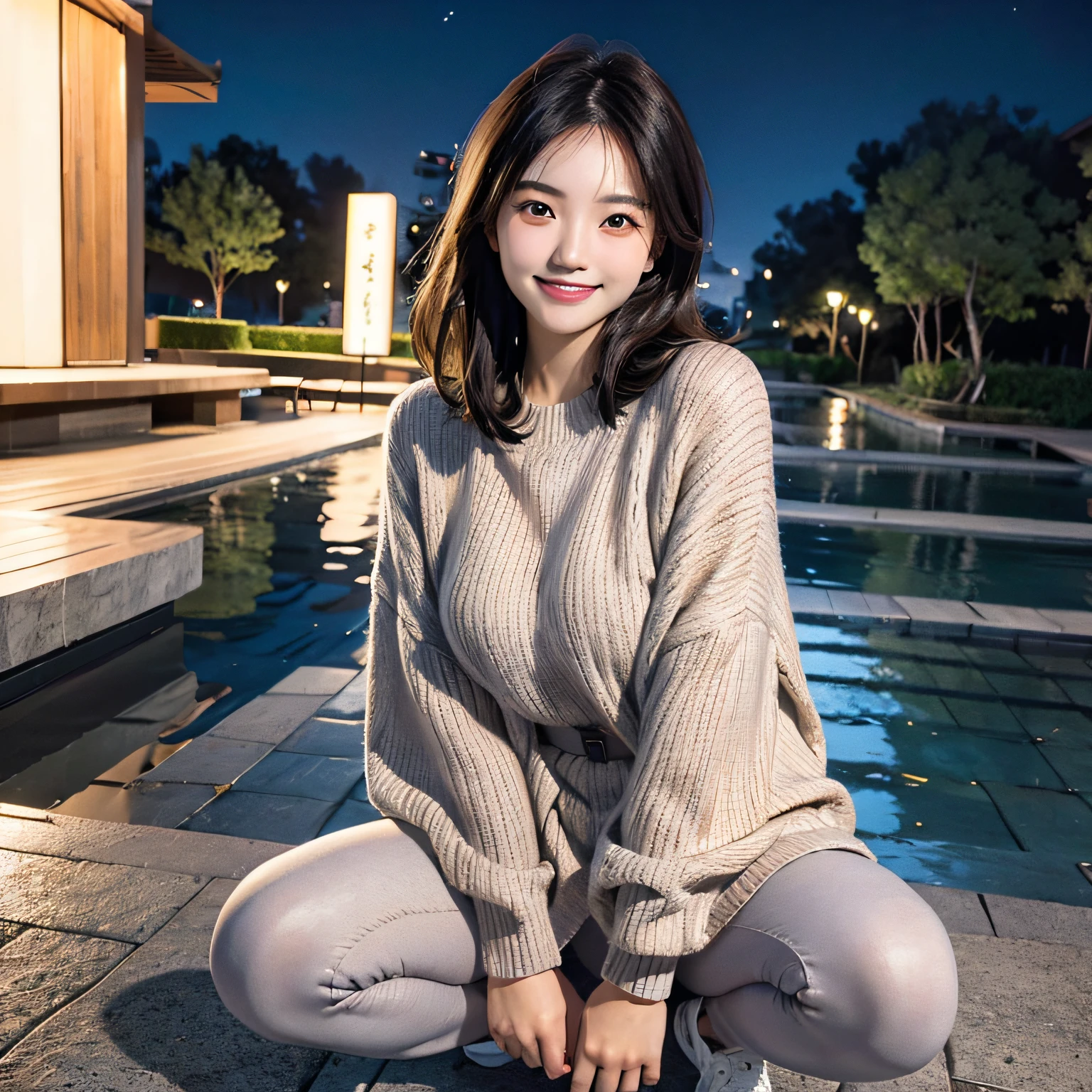 photorealistic, 20 year old, asian girl, full body, australian park, warm sweater, fingers hidden in sleeves, leggings, smile, night time