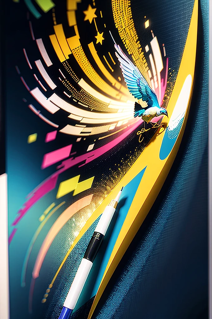 magic bird, Cor Pensil Sketch, arte vetorial, vetorizar, Magic, design de logotipo limpo, cores quentes vibrantes, bonito e peculiar, efeito aquarela, Bokeh, Adobe Illustrator, hand-drawn, pintura digital, soft lighting, retro aesthetics, 4k resolution, usando Cinema 4D - ar 3:3