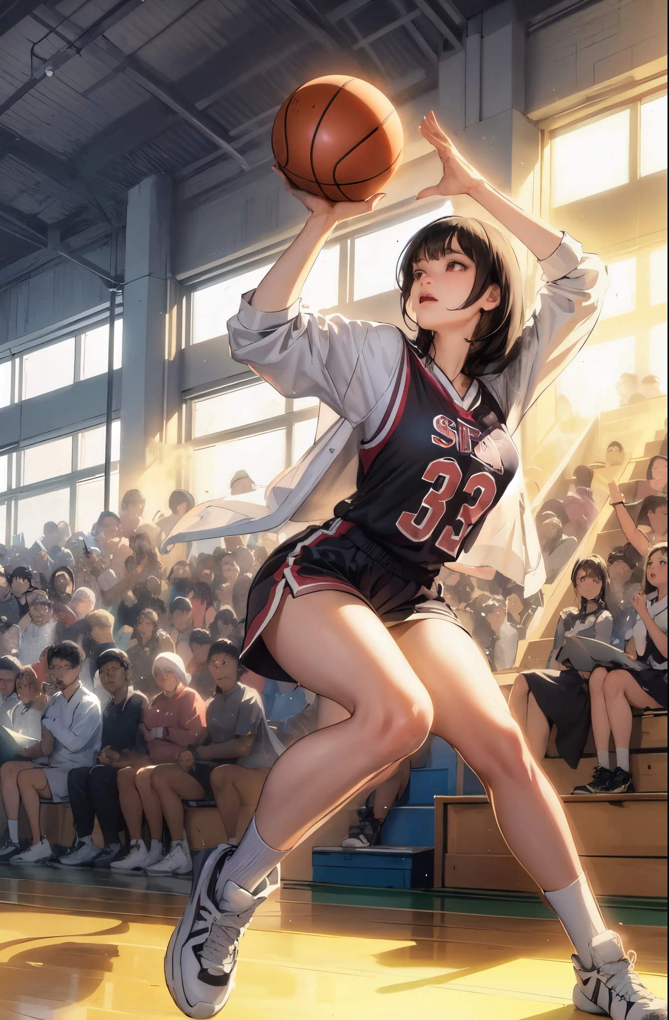 1lady solo, (dynamic posing:1.2), /(basketball uniform/), mature female, /(black hair/) bangs, determined expression, (masterpiece best quality:1.2) delicate illustration ultra-detailed, large breasts BREAK /(civic gymnasium/) indoors