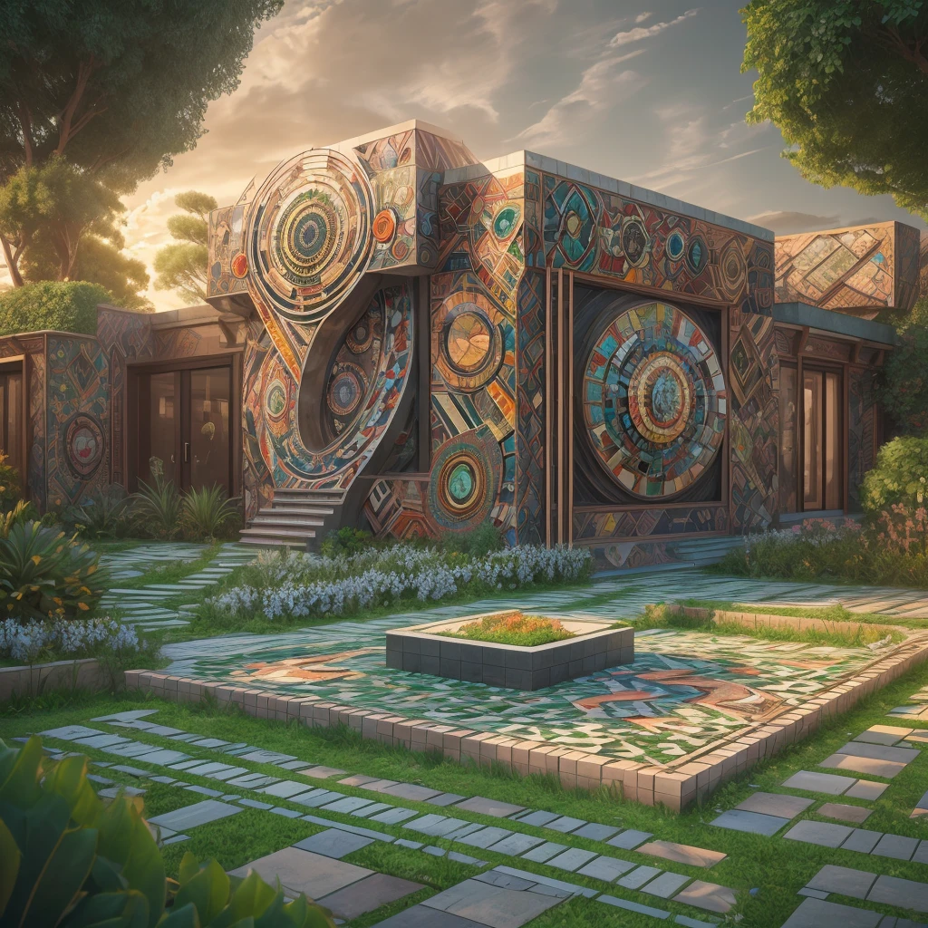 Tribal style villa, external garden, Mosaic tribal sculpture, Stone road, the sunset, Surrealism, Futurism, Hyperrealism, Art Deco, Conceptual art, Cubist Futurism, chiaroscuro, ray tracing, mosaic art, wide shot, best quality, highres, award winning, masterpiece, 4K