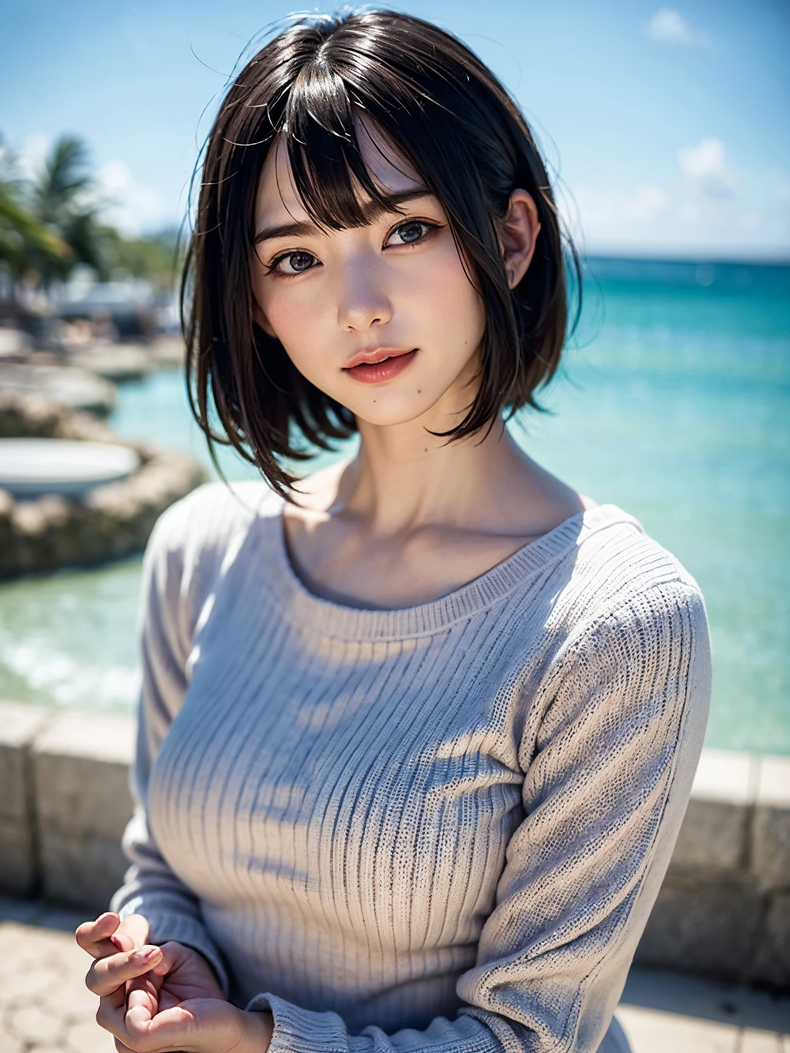 1人、top-quality、realisitic、独奏、depth of fields、natural soft light、during daytime、魅惑的、beauitful face、Cleanliness、Pure face、de pele branca、kawaii、short-hair、bangss、the beach、rays of sunshine、nedium breasts、full body Esbian、((Sweaters、Beautiful face of golden proportions、Beautiful face with symmetry))、long neck、Put your ears out、Clean short bob hair with bangs、Smile with your mouth closed、Perfect fingers、perfect hand、Perfect body、face perfect、Shine a light into the eyes、Perfect Anatomy:1.4、very cute super model:1.4