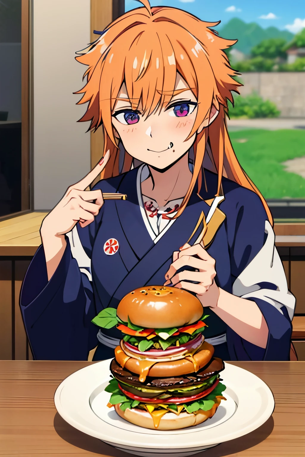 rule63, genderbend, japanese schoolgirl uniform, eating, one Burger, happy, one plate, house of lementation,