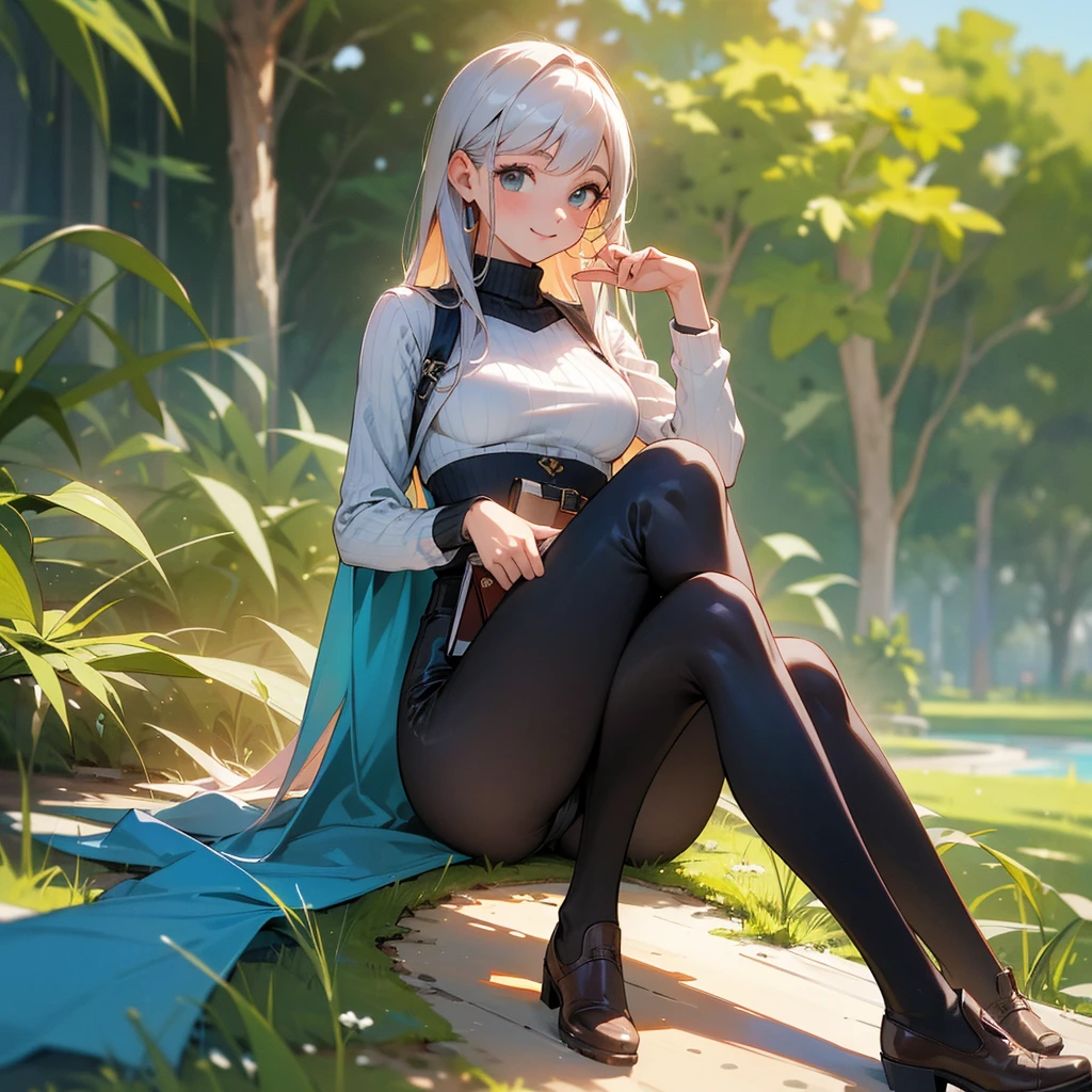 (alta qualidade, high resolution, ultra-detalhado, Realistic:1.37), ambiente tranquilo, (Ao ar livre, Jardim), Adolescente sozinha, (My breasts are big.), belos recursos detalhados, sorriso bonito, (cabelo preto bob), ribbed sweater, saia xadrez azul, black tights, Botas marrons.
