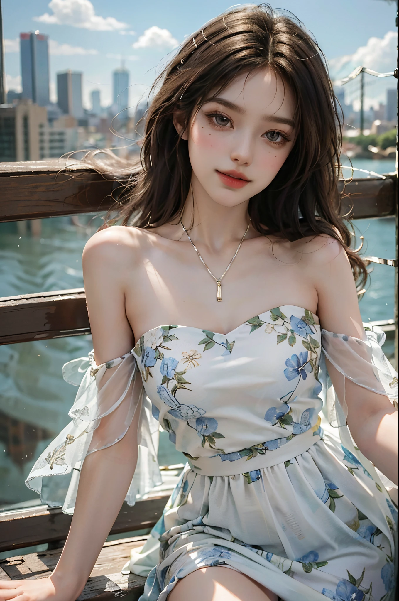 bare shoulders, dress,fashi-girl, ((cowboy shot)), (best quality, masterpiece:1.2), ultra-detailed, (realistic:1.37), beautiful, youthful, glamorous model with (detailed eyes, detailed lips, extremely detailed eyes),   in a knee shot, with white and floral colors, showcasing a radiant smile, slender figure, long legs, creating a breathtaking depiction of a girl enjoying the sunshine, On the bow, leaning against the guardrail, looking into the distance