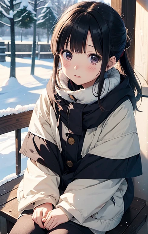 masutepiece, Best Quality, hight resolution,10yaers old,(hashikuji mayoi),Anime girl sitting on a child'The tree々sled in the snow against the background of, In the snow, in snow, (Snow), at winter, yuruyuri, akiko takase, winter snow, Illustration!, snowy day, Inspired by Miwa Komatsu, lain iwakura, yuru camp, tsugumi ohba, snow snow, aya takano color style