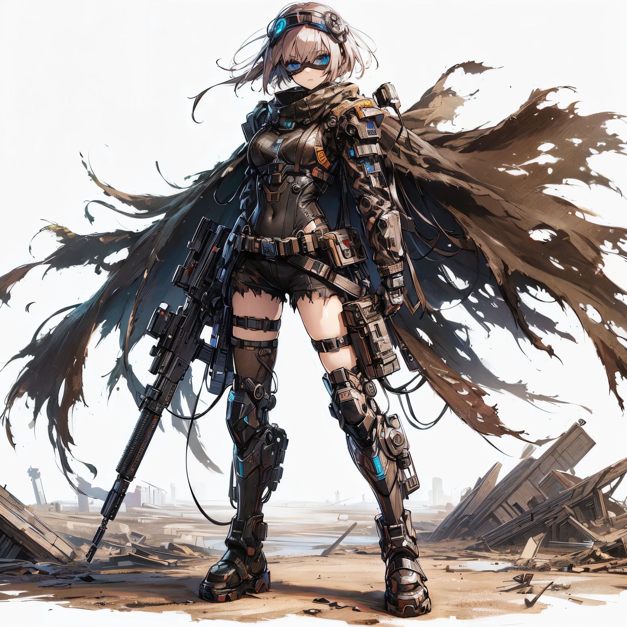 (masutepiece, Best Quality), ultra-detailliert, Anime style, Full body, Solo, cyberpunk soldier girl, Tattered high-tech armor under a torn cloak, Cyber Headgear, wearing high-tech boots, Standing in the wasteland, Digital Painting, 8K High Resolution, trendy Art Station, White background, Whole body,