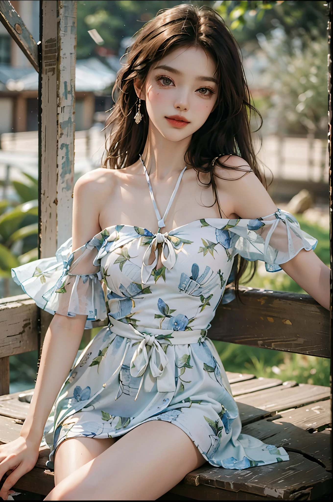 bare shoulders, dress,fashi-girl, ((cowboy shot)), (best quality, masterpiece:1.2), ultra-detailed, (realistic:1.37), beautiful, youthful, glamorous model with (detailed eyes, detailed lips, extremely detailed eyes),   in a knee shot, with white and floral colors, showcasing a radiant smile, slender figure, long legs, creating a breathtaking depiction of a girl enjoying the sunshine, On the bow, leaning against the guardrail, looking into the distance