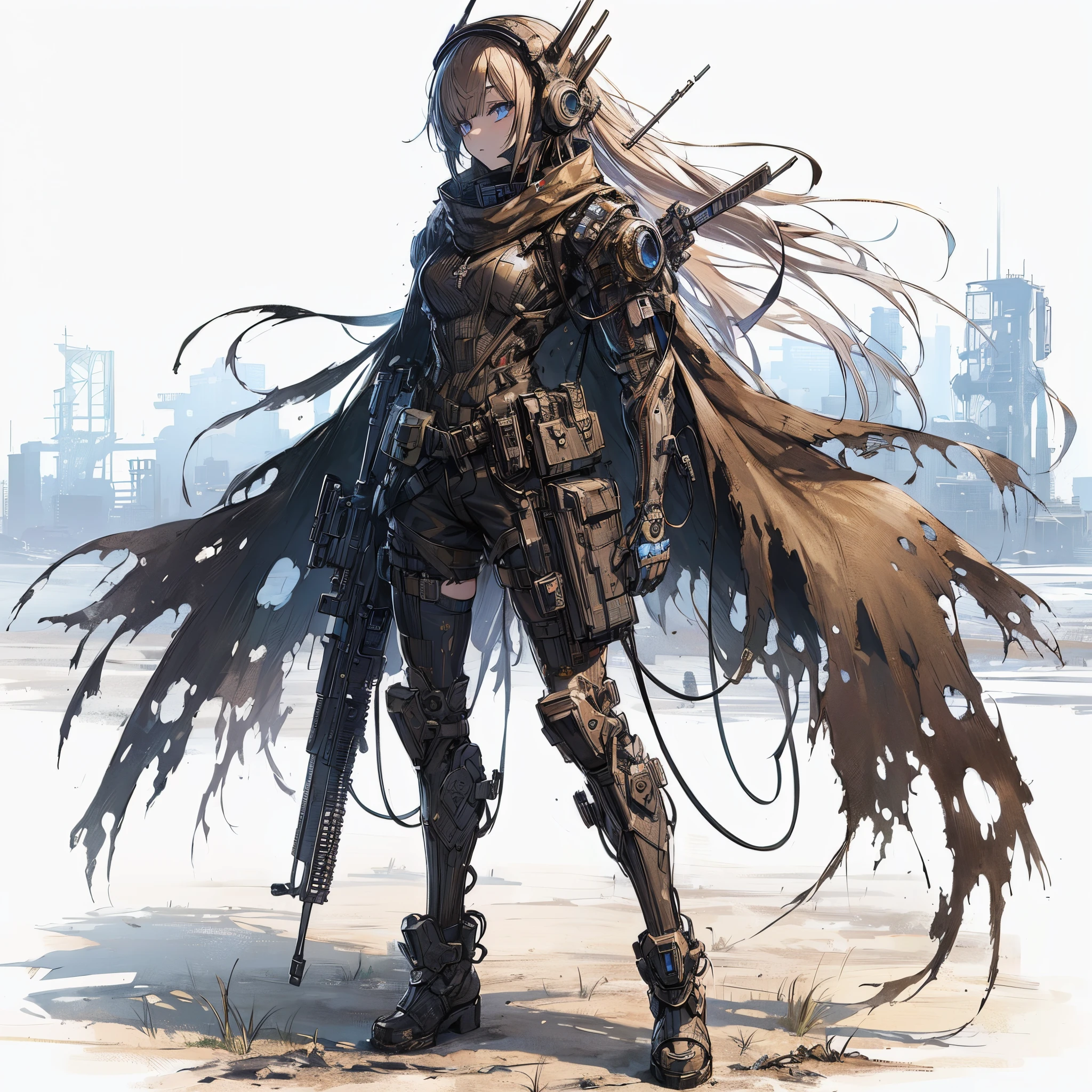 (masutepiece, Best Quality), ultra-detailliert, Anime style, Full body, Solo, cyberpunk soldier girl, Tattered high-tech armor under a torn cloak, Cyber Headgear, wearing high-tech boots, Standing in the wasteland, Digital Painting, 8K High Resolution, trendy Art Station, White background, Whole body,
