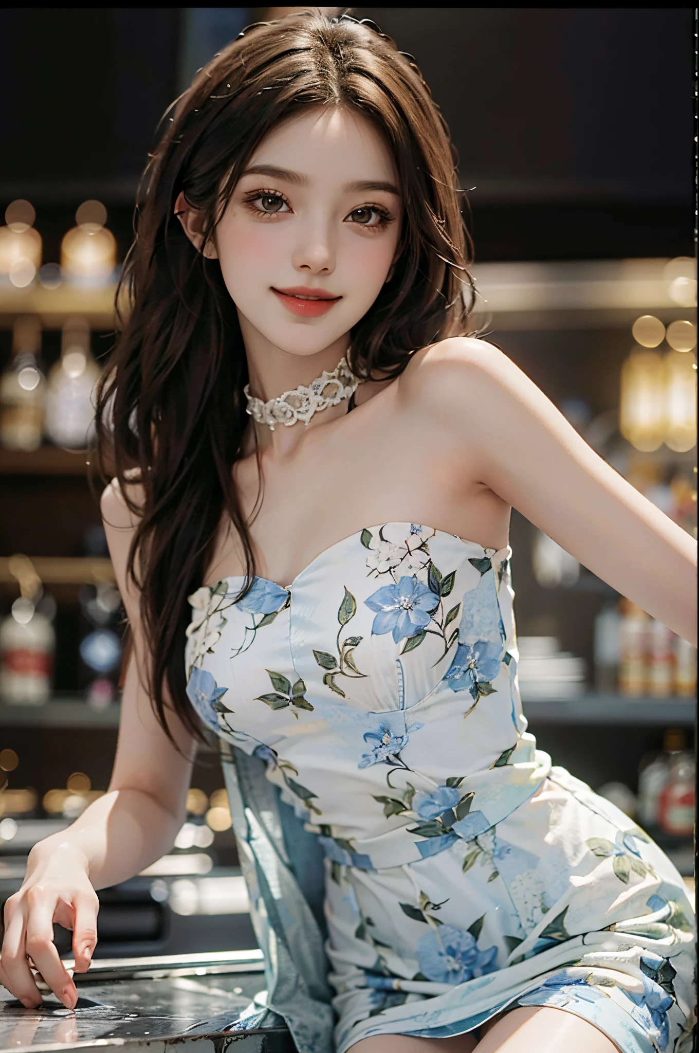 bare shoulders, dress,fashi-girl, ((from below)),((cowboy shot)), a beautiful girl, a young female model,  random pose, elegant pose, visually appealing, masterpiece, (best quality, 4k, 8k, highres, masterpiece:1.2), ultra-detailed, ultra-fine painting, exquisite face, slender figure, smiling, radiant smile, In a bar, stand and lean against the bar counter