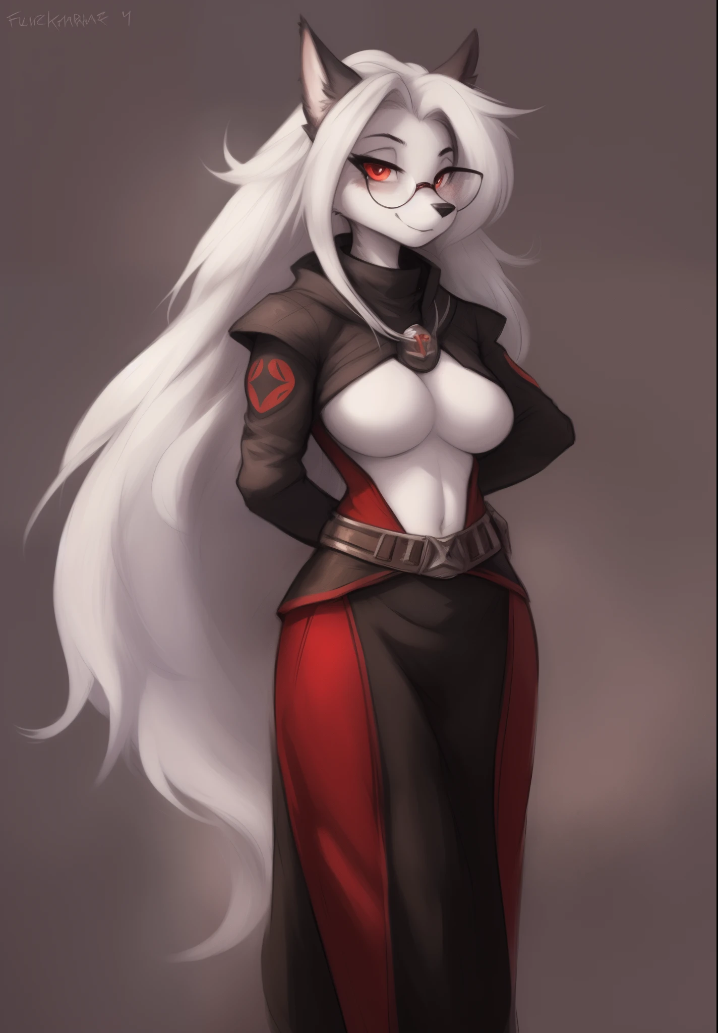 by Zackary911, by Kenket, by Kilinah, by fluff-kevlar, anthro, mommy female loona hellhound, solo, long white hair, red eyes full body, one big tail, dark background. dark priest with balck and red cloack open belly, round glasses, full body concept, realism, reference
