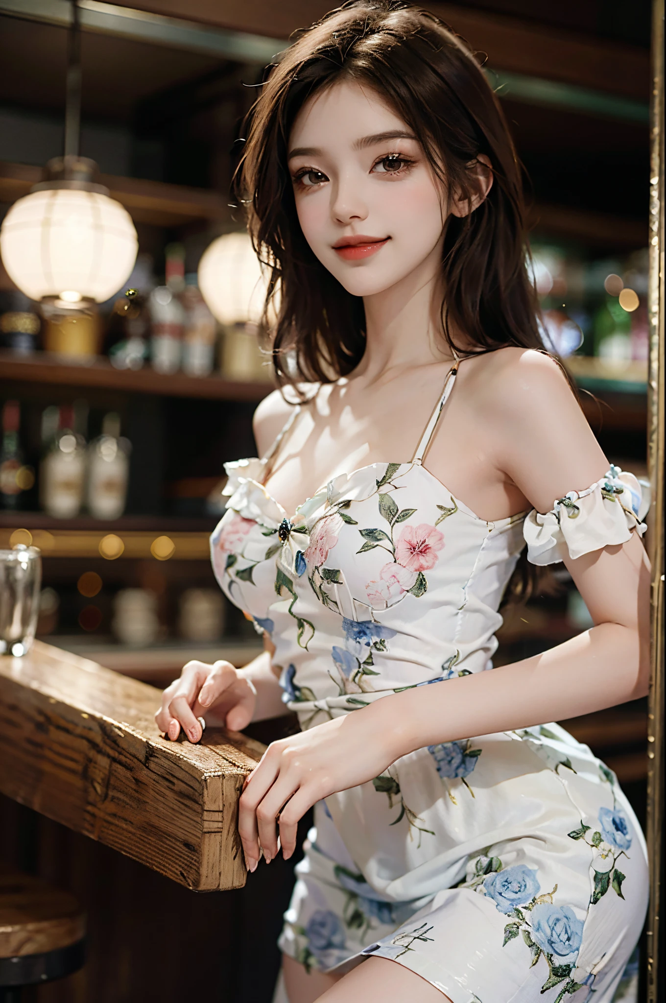 bare shoulders, dress,fashi-girl, ((from below)),((cowboy shot)), a beautiful girl, a young female model,  random pose, elegant pose, visually appealing, masterpiece, (best quality, 4k, 8k, highres, masterpiece:1.2), ultra-detailed, ultra-fine painting, exquisite face, slender figure, smiling, radiant smile, In a bar, stand and lean against the bar counter