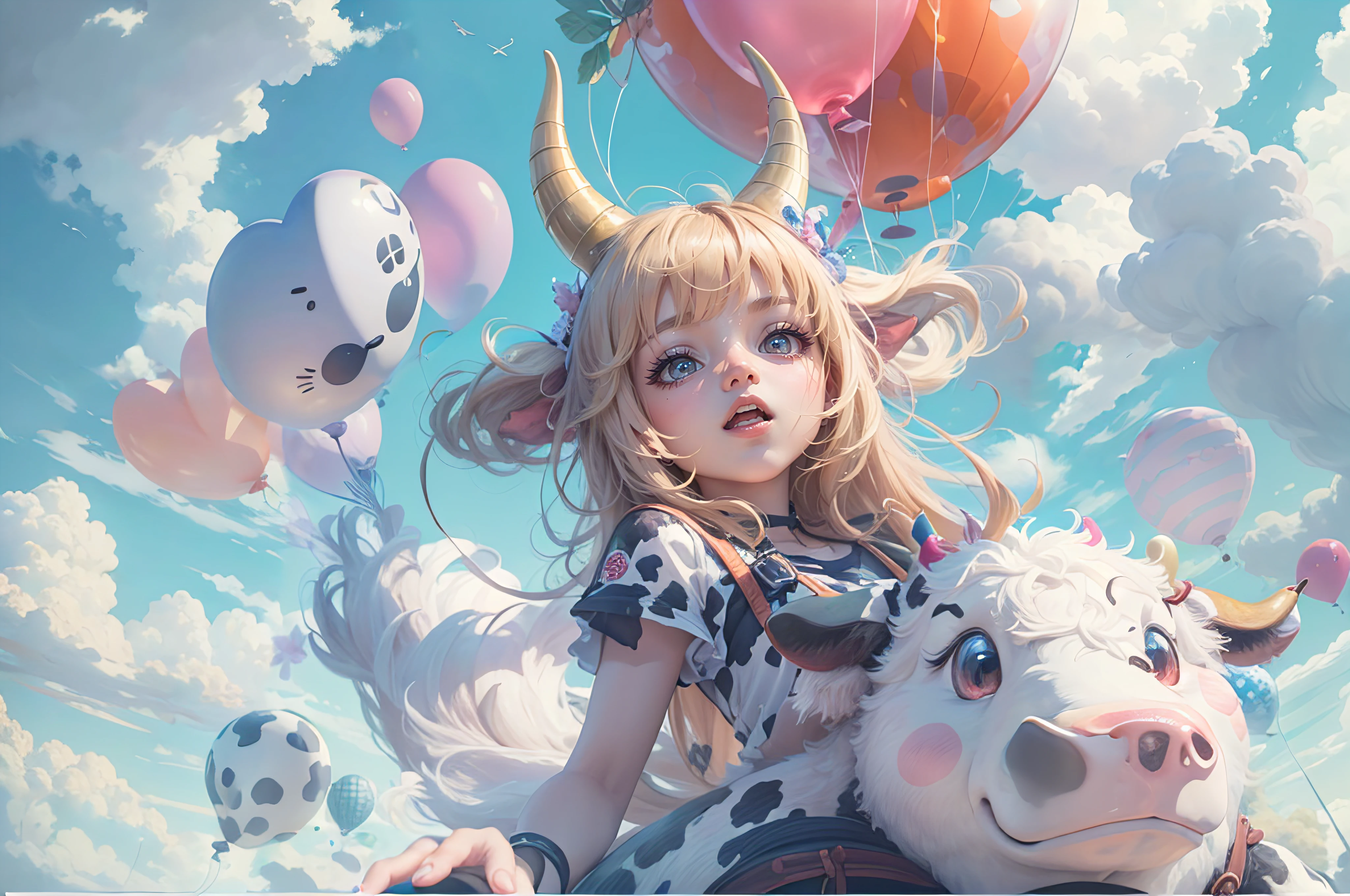 (best quality,4k,8k,highres,masterpiece:1.2),ultra-detailed, realistic, photorealistic, photo-realistic, 1girl, (furry), (floating), female furry, cow, (balloon animals), balloons