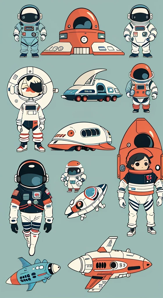 KIDS ILLUSTRATION。the space。spaceship。The astronaut。Black Red Blue。Cartoon vector style, change, Flat anime style, Cartoon minimalism, Flat vector art, flatillustration, Cartoon Cute,