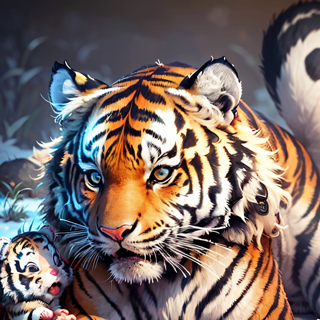 A (((close-up shot))) of a (((playful animated tiger))),bending down towards a (((small, cute grey and black fluffy rabbit))), their noses meeting in a whimsically adorable moment, 32k, UHD, very aesthetic, photorealistic , photo, wildlife photography --auto --s2