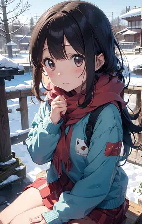 masutepiece, Best Quality, hight resolution,10yaers old,(Hashikuji Temple Mayoi),Anime girl sitting on a child'The tree々sled in the snow against the background of, In the snow, in snow, (Snow), at winter, yuruyuri, akiko takase, winter snow, Illustration!, snowy day, Inspired by Miwa Komatsu, lain iwakura, yuru camp, tsugumi ohba, snow snow, aya takano color style