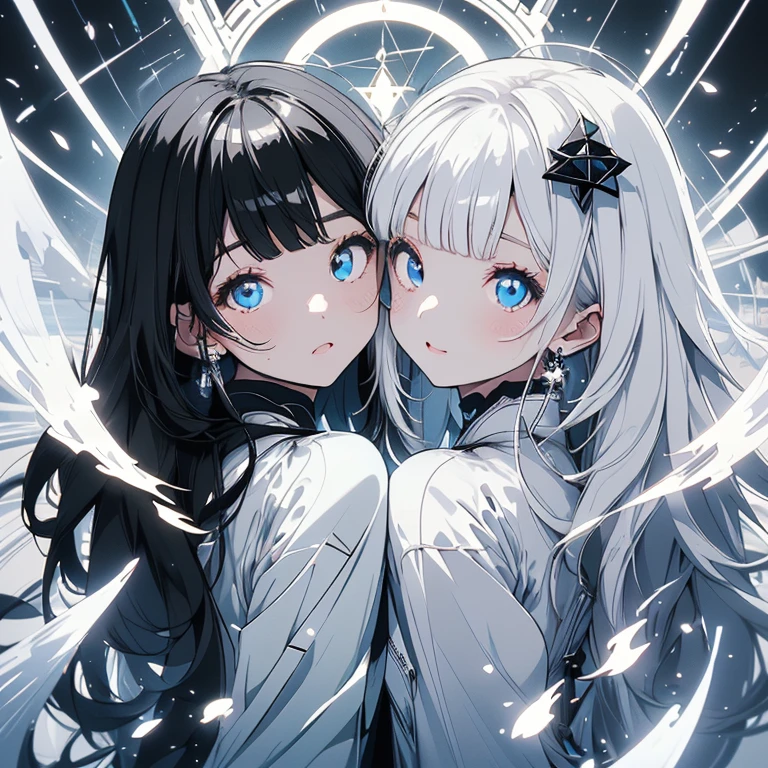 ((masterpiece、top-quality:1.5、a high chroma:1.5、ultra-detailliert、high-resolution illustrations:1.5、Ultra-high-definition CG、8k size wallpaper、offcial art))、((2girls、twin princess sisters)),(yuri),(cute face:1.5)、(clear face:1.3),(Shining eyes:1.5)
((black-only color scheme clothes:1.5)), ((white-only color scheme clothes:1.5)),(sexy body),(One is only black and the other is only white),(contrasting color witch clothes),(), ((medium breasts))、
,(The background is a triple structure of bright colors, luminous pentagrams, luminous creatures, and luminous circles,)、midjourney