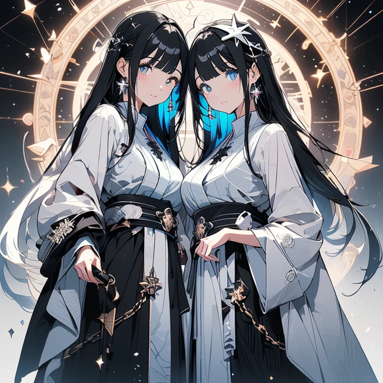 ((​masterpiece、top-quality:1.5、a high chroma:1.5、ultra-detailliert、high-resolution illustrations:1.5、Ultra-high-definition CG、8k size wallpaper、offcial art))、(2girls、twin princess sisters),(yuri),(cute face:1.5)、(clear face:1.3),(Shining eyes:1.5)
 ((black-only color scheme clothes:1.5)), ((white-only color scheme clothes:1.5)),(sexy body),(One is only black and the other is only white),(contrasting color wizard clothes),(), ((medium breasts))、
,(The background is a triple structure of bright colors, luminous pentagrams, luminous creatures, and luminous circles,)、midjourney