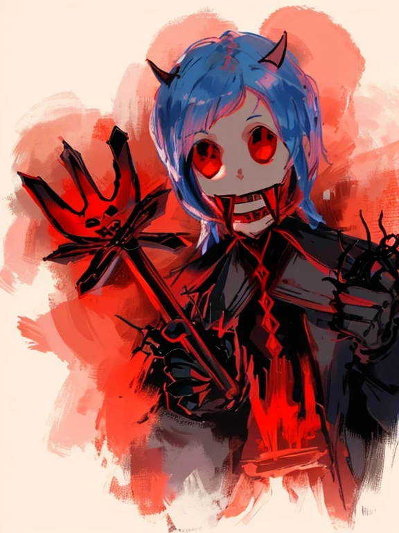 Drawing of a man with a devilish evil smile face and a pitchfork, Holding a hand-held skull trident, no shade,demon boy, creepy demon, and hands of fire