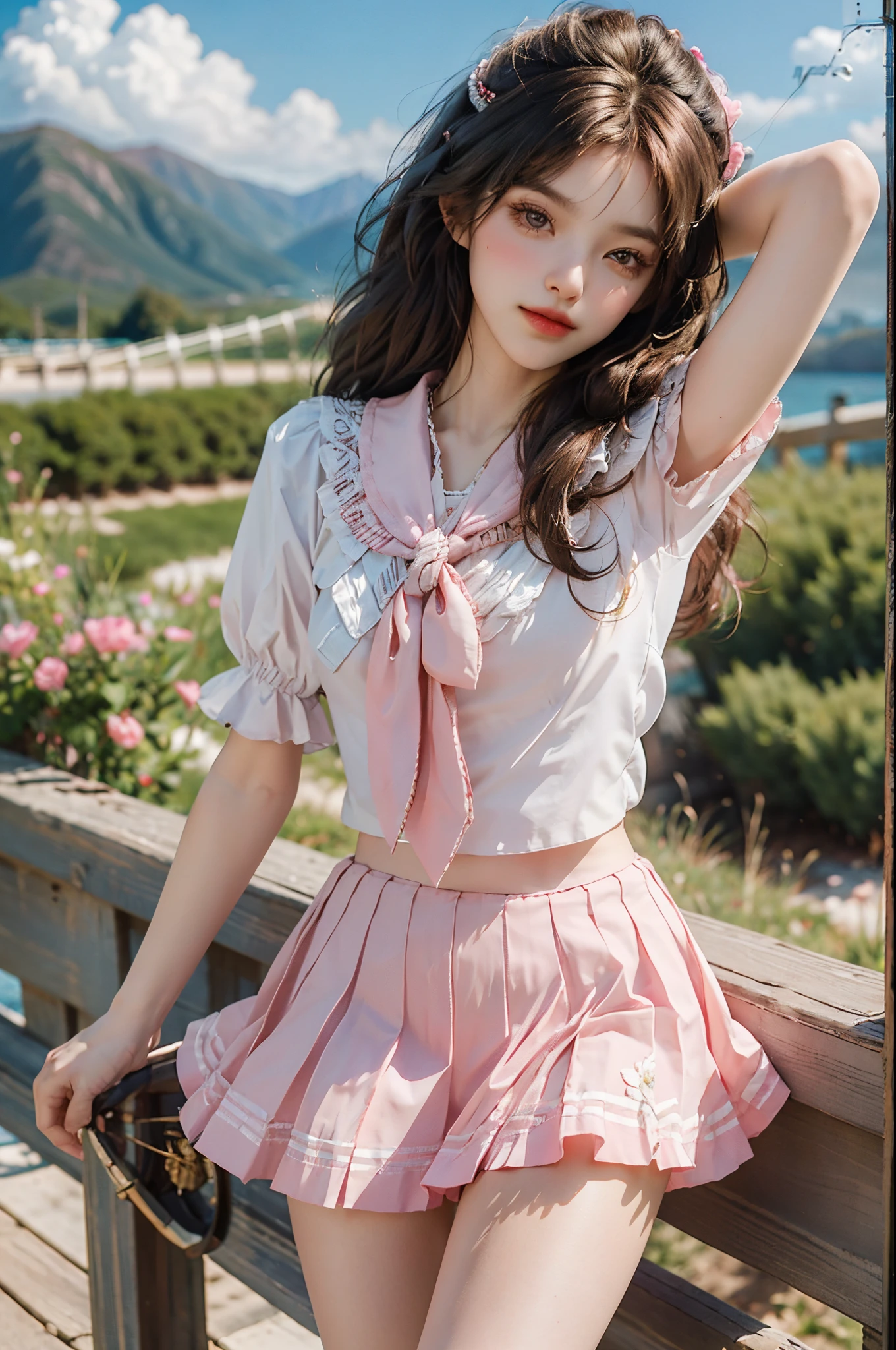 pleated skirt,pink skirt,pink sailor collar,fashi-girl, ((cowboy shot)), (best quality, masterpiece:1.2), ultra-detailed, (realistic:1.37), beautiful, youthful, glamorous model with (detailed eyes, detailed lips, extremely detailed eyes),   in a knee shot, with white and floral colors, showcasing a radiant smile, slender figure, long legs, creating a breathtaking depiction of a girl enjoying the sunshine, On the bow, leaning against the guardrail, looking into the distance