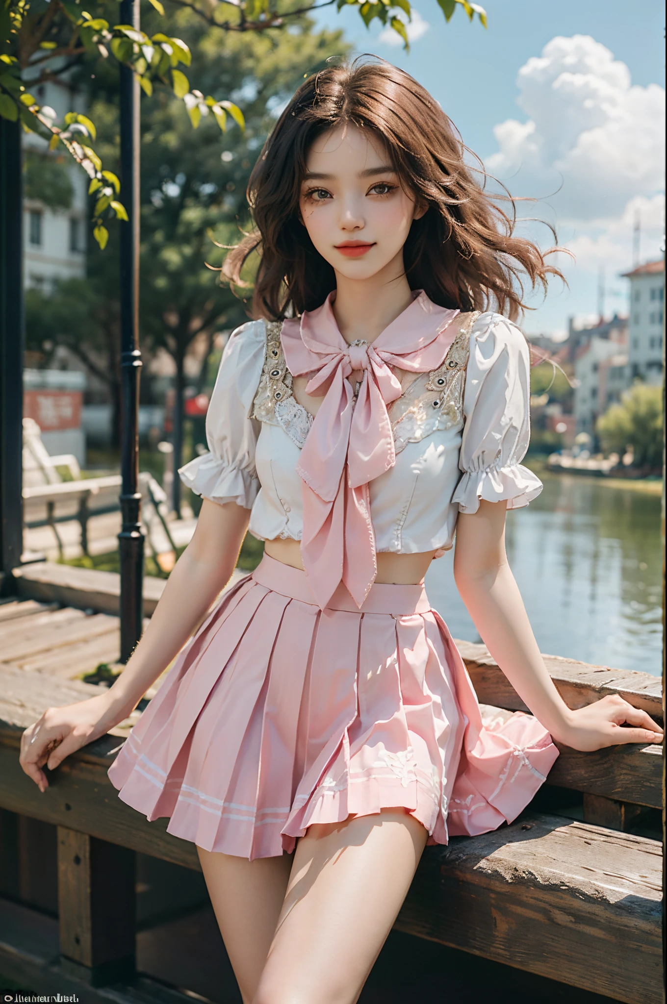 pleated skirt,pink skirt,pink sailor collar,fashi-girl, ((cowboy shot)), (best quality, masterpiece:1.2), ultra-detailed, (realistic:1.37), beautiful, youthful, glamorous model with (detailed eyes, detailed lips, extremely detailed eyes), in a knee shot, with white and floral colors, showcasing a radiant smile, slender figure, long legs, creating a breathtaking depiction of a girl enjoying the sunshine, On the bow, leaning against the guardrail, looking into the distance