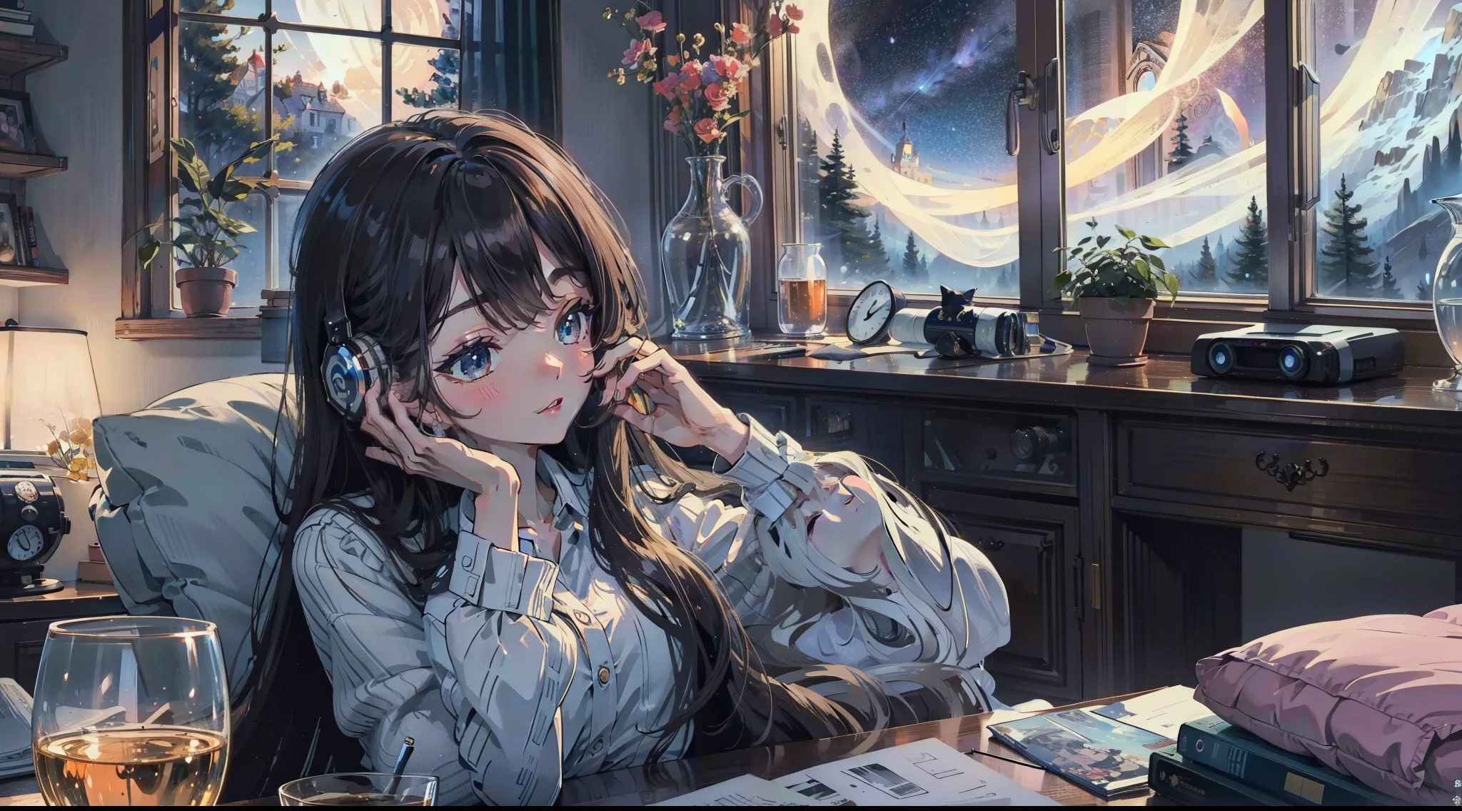 Masterpiece, best quality, high quality, ultra detailed, 1girl, bedroom, sleep, window, Night, a computer, head phone, Very long hair, beautiful face