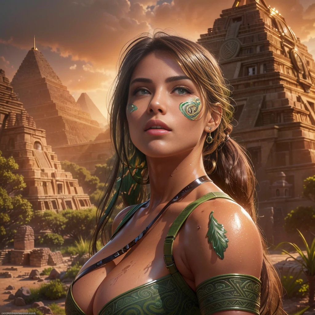 8K ultra-realistic, high resolution masterpiece , highly detailed artwork , depicting a stunningly busty beautiful and alluring young Lara Croft in her signature attire ,  kaki shorts and a blue crop top with a deep neckline , hiking boots,thigh gun holsters, . Long brown hair with a ponytail, ((((sensual and beautiful detailed glossy lips, extremely detailed and realistic bright green eyes and a extremely beautiful angelic face, lifelike skin tones ))))), (((really huge bouncing ))) ((( partially exposed  1.6)))with an (((Amazing tiny sportive body with small waist and big nice round  ))). ((((She exuding a  appeal set against the backdrop of an Aztec pyramid in the background , with highly detailed surroundings, and light reflections to elevate the realism . Ensure intricate ultra realistic skin details,))) (HDR lighting, and ray tracing effects,) striving for an art piece reminiscent of a renowned artist's style, aiming for maximum visual allure and lifelike realism.,(realistic,photorealistic,photo-realistic:1.37),HDR ,UHD, studio lighting, ultra-fine painting, sharp focus,physically-based rendering, ,vivid colors. Full body view