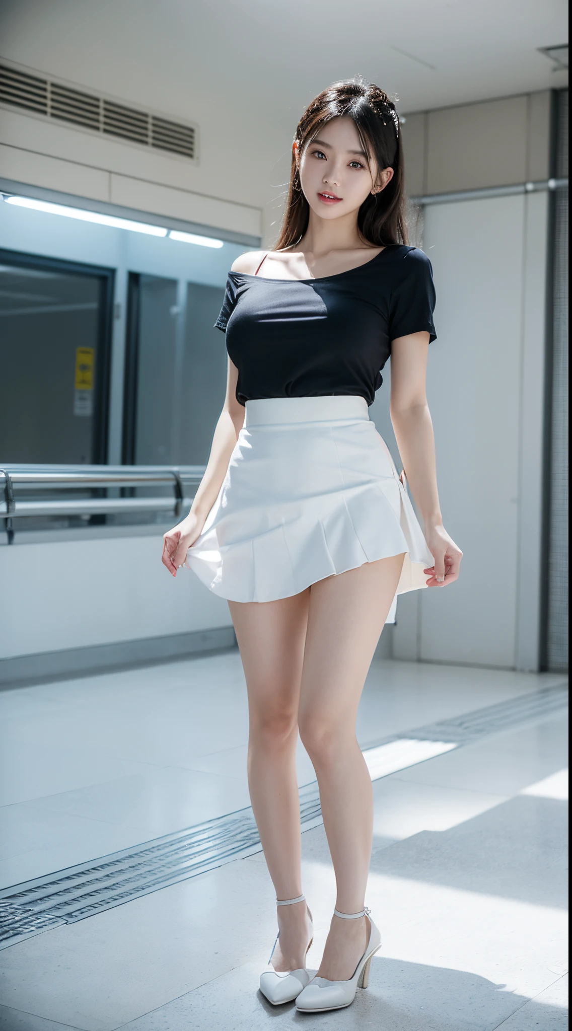 ighly detailed、masterpiece、top-quality、Ultra-high decomposition energy A、8K High Resolution、Photogenic clarity、A detailed eye、Gradation、perfect anatomy body proportions ,hard disk、nffsw (English) ,Nikon Z9 80mm Lens , masutepiece、Model Standing、Light blue panties made of lace material、White tight t-shirt、The dress is made of white lace material(((Show me all my panties)))、(((The skirt is definitely worn)))、(((Lift skirt hem)))、panties focus、too bright natural light、Sunshine、Detailed lace panty pattern、Ordinary panties、(((while standing, Lift your skirt to show your panties to the camera)))、(((Beautiful alignment and snow-white teeth)))、(((Lift the skirt bigger and bigger,、Show your panties to the camera)))、Ultra Slim Body, Big breasts、Body type of slender model、Beautiful posture, In the subway
