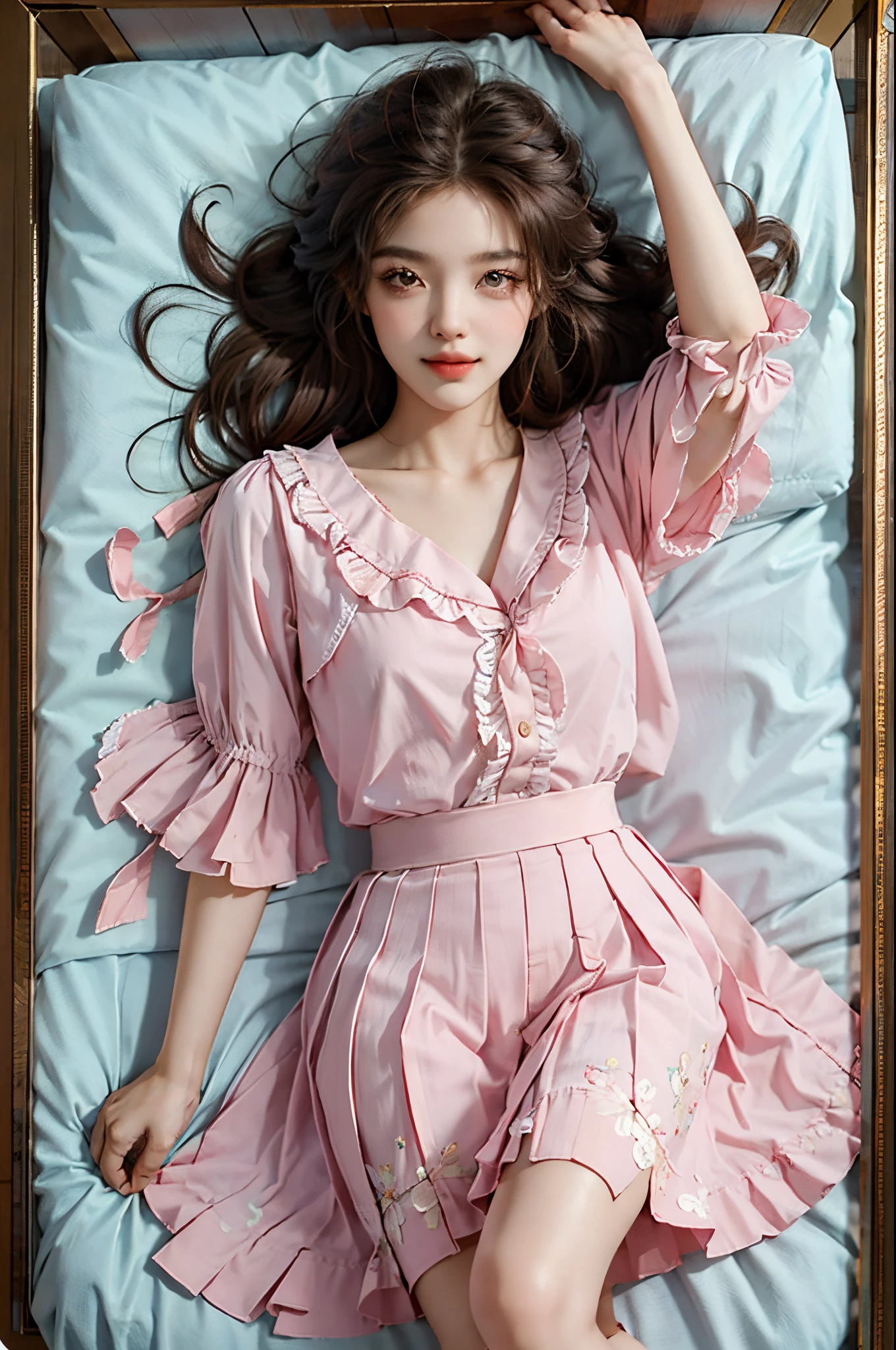 pleated skirt,pink skirt,pink sailor collar,fashi-girl, ((cowboy shot)), (best quality, masterpiece:1.2), ultra-detailed, (realistic:1.37), beautiful, youthful, glamorous model with (detailed eyes, detailed lips, extremely detailed eyes), Lie in bed, in a knee shot, with white and floral colors, showcasing a radiant smile, slender figure, long legs, creating a breathtaking depiction of a girl enjoying the sleep