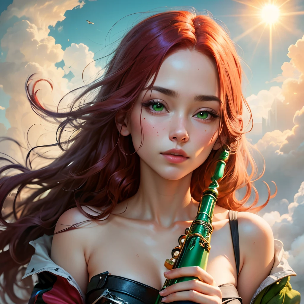 red-hair woman with green eyes, above the clouds, holding an oboe in her hands, sun behind her --auto --s2