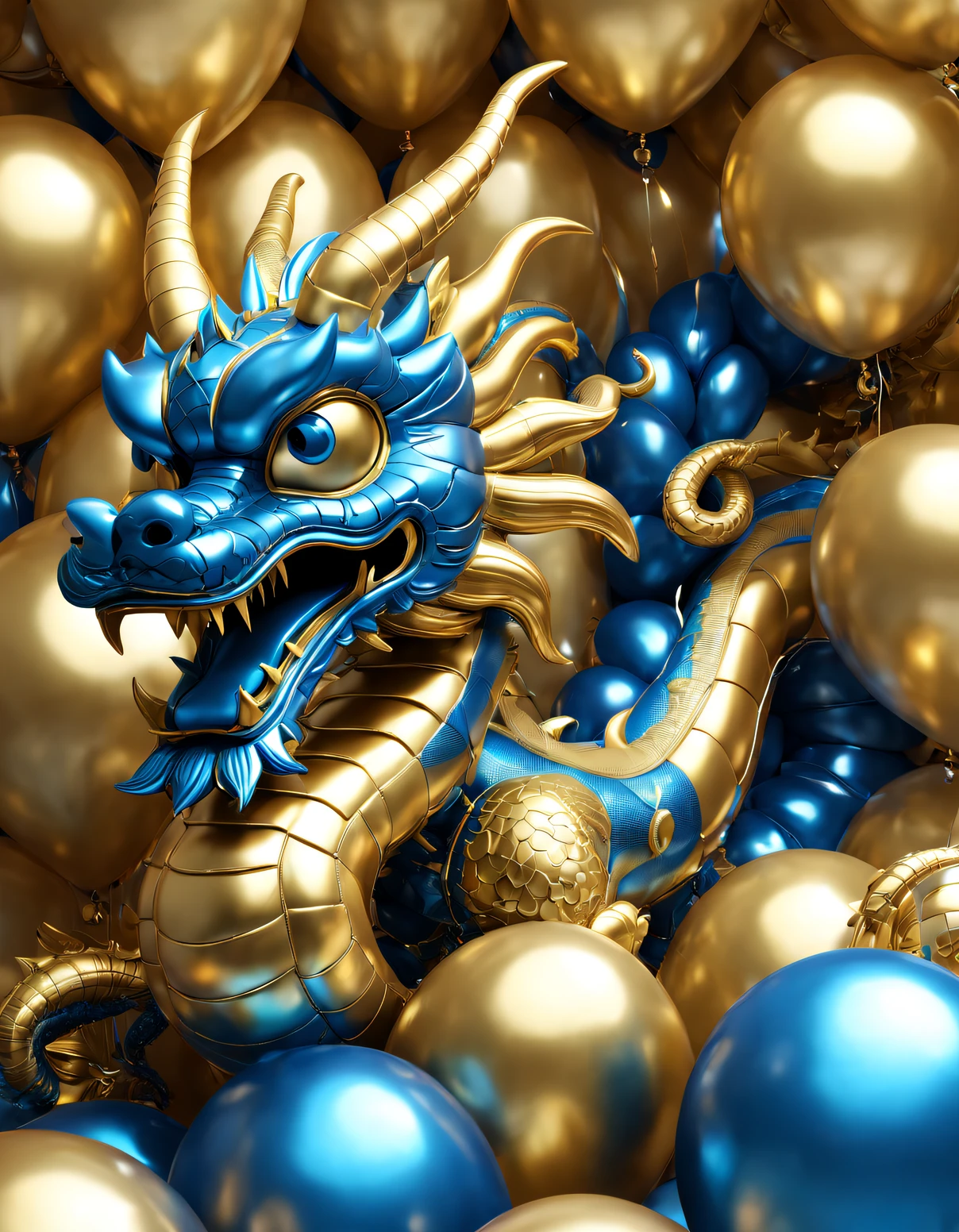 （balloon art design），（Balloon animal design），（Chinese dragon made of blue and gold balloons），Holographic punk style engraved pattern，Complex and gorgeous CG style, hyper detailed 3d render,, c4d, Rendered by Octane, Blander, 8K, k hd， com mascot，Holographic golden background