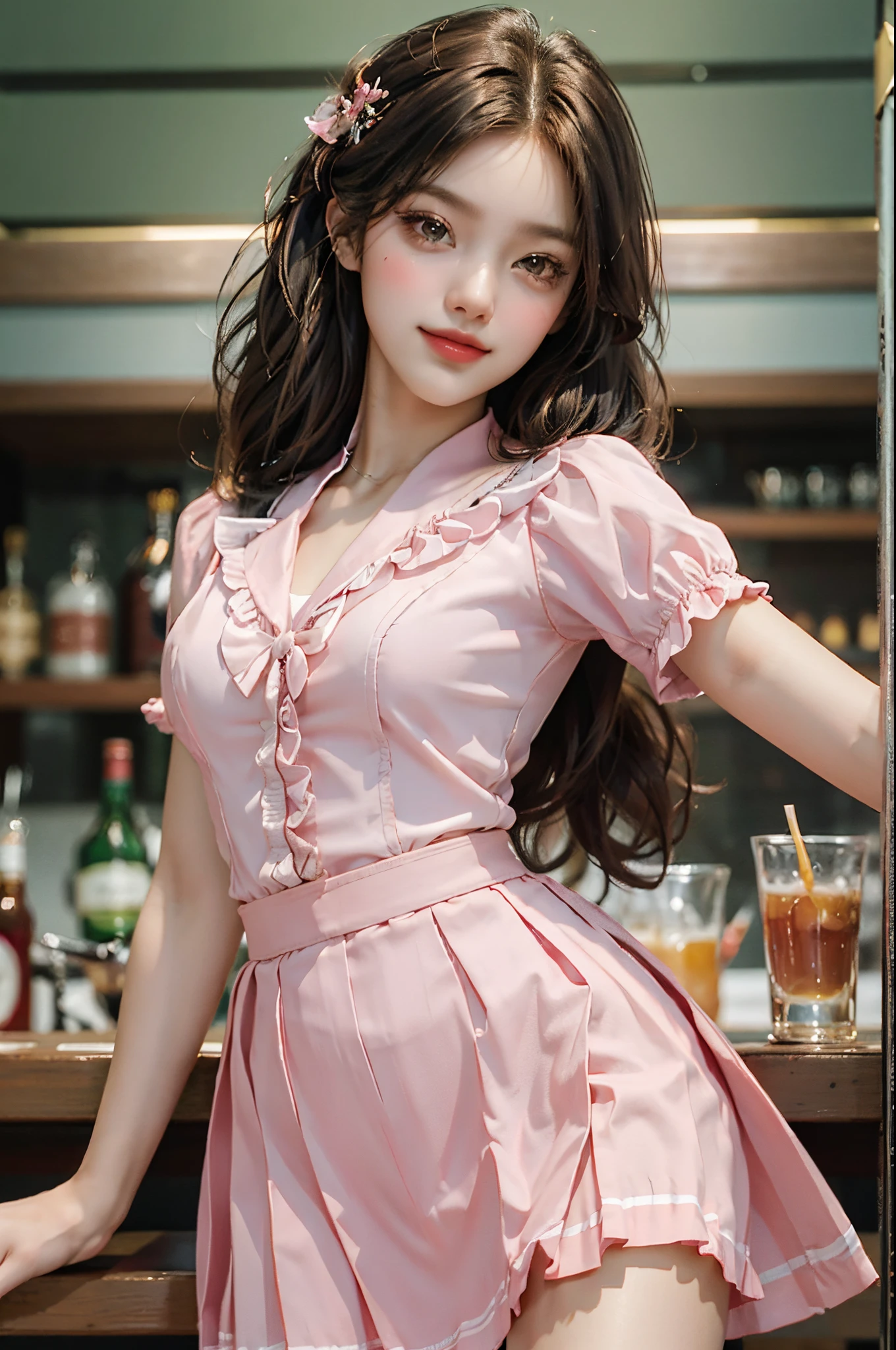 pleated skirt,pink skirt,pink sailor collar,fashi-girl, ((from below)),((cowboy shot)), a beautiful girl, a young female model, random pose, elegant pose, visually appealing, masterpiece, (best quality, 4k, 8k, highres, masterpiece:1.2), ultra-detailed, ultra-fine painting, exquisite face, slender figure, smiling, radiant smile, In a bar, stand and lean against the bar counter