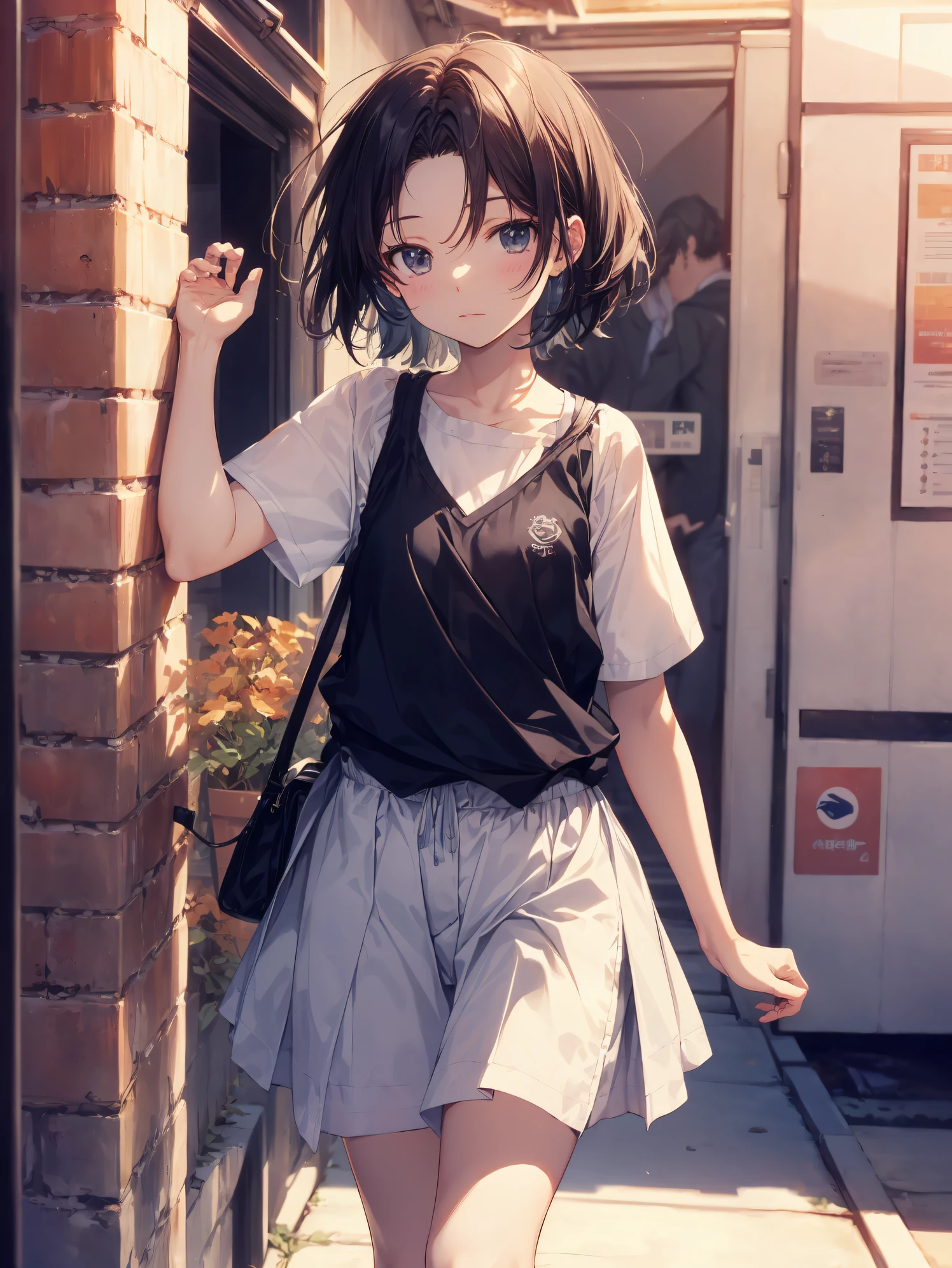 best god quality, Ultra-detailed, anime moe art style,Best Anime 8K Konachan Wallpapers,Pixiv Contest Winner,Perfect Anatomy, (Draw a girl sleepily walking to school. ),BREAK, 1girl is both ceremonial, (Solo,Lori,,13yea:1.3),a junior gynous attraction, (Center part very short hair),hair messy, Forehead, Full limbs, complete fingers,flat chest, Small butt, groin, Small eyes,Beautiful detailed black eyes,Fine pupils,disgusted eye, School uniform, Skirt,On the way to school. BREAK,High resolution,super detailed skin, Best lighting powered by AI, Illustration,