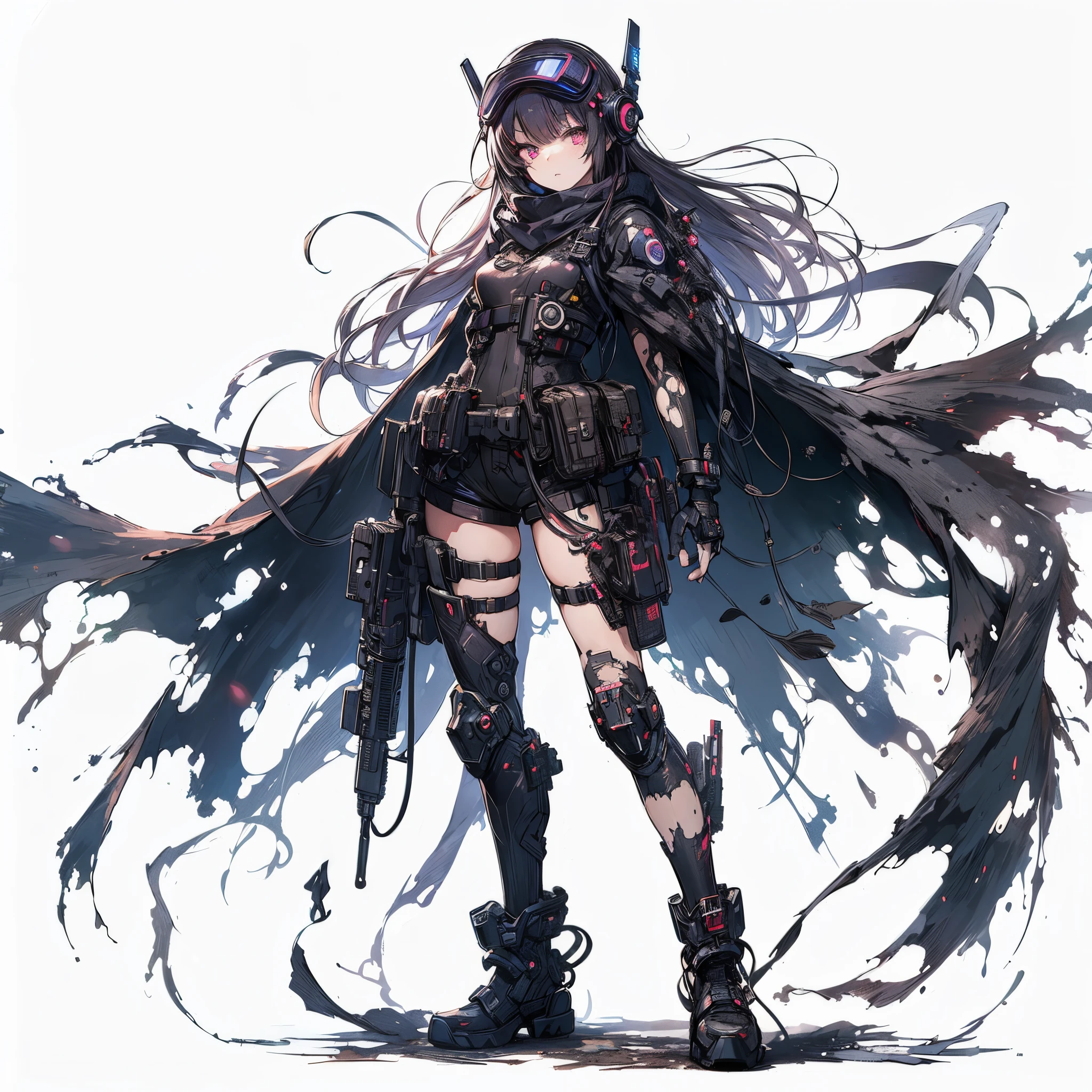 (masutepiece, Best Quality), ultra-detailliert, Anime style, Full body, Solo, cyberpunk soldier girl, Tattered high-tech armor under a torn cloak, Cyber Headgear, wearing high-tech boots, Standing in the wasteland, Digital Painting, 8K High Resolution, trendy Art Station, White background, Whole body,