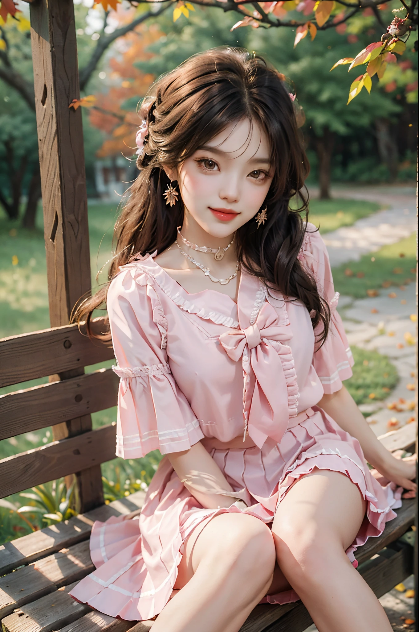 pleated skirt,pink skirt,pink sailor collar,fashi-girl, (best quality,4k,8k,highres,masterpiece:1.2),ultra-detailed,realistic:1.37,portrait,beautiful girl,youthful female model,sweet girl,masterpiece,extremely detailed description,super fine painting,exquisite face,slim figure,long legs,smile,radiant smile, Sitting on the bench of the gazebo, autumn, autumn wind and leaves