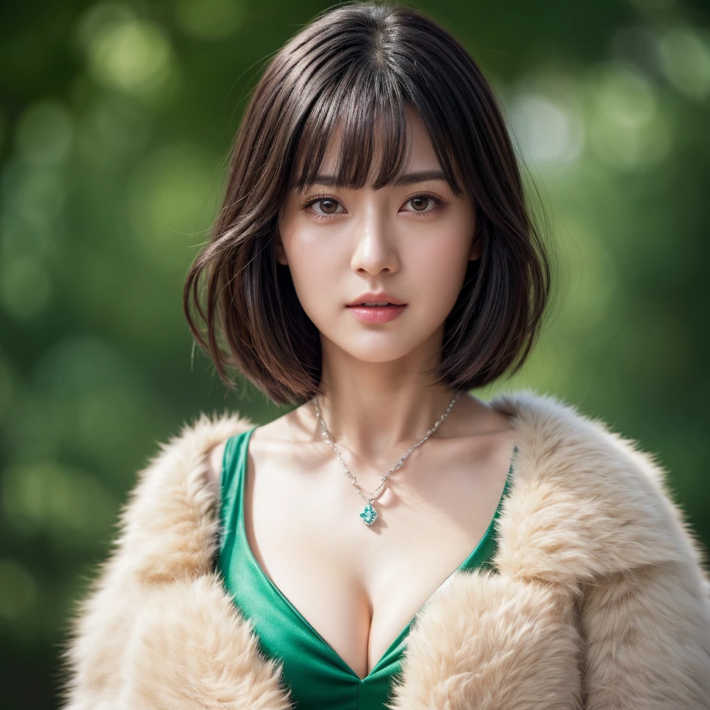 Fubuki\,1 woman,fubuki \(one-punch man\),accessories,single,necklace,showing cleavage,large round beautiful breasts showing pink breasts,fur coat,dress,pearl necklace,short hair,eyes green,bangs,coat,blunt bangs,green dress,long sleeve,best quality,masterpiece,very delicate and beautiful CG illustrations,harmony CG,amazing 8k wallpaper,exquisite details,masterpiece,art. Official, very detailed CG unity 8k wallpaper. Incredibly ridiculous large file size Special details Very high resolution Beautiful girl captures realistic details with a full forehead.