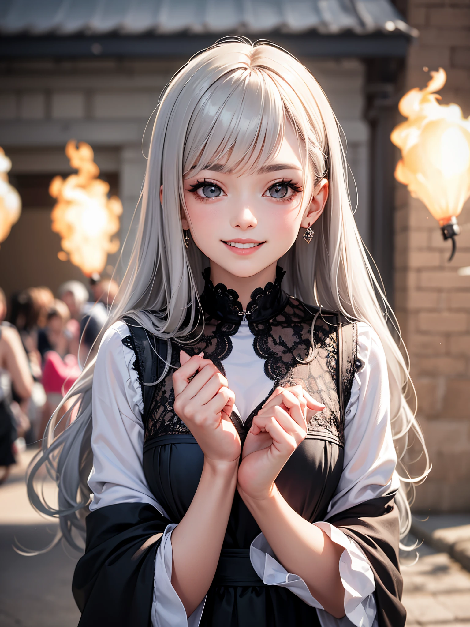 Woman posing for a photo, smilingly, Happy, Long gray hair, hair straight, delicate skin, During the day, Hot summer days, natural  lightting, Detailed faces:1.2, Focus sharp, hasselblad photograph, tmasterpiece, light make-up, 电影灯光, 4K, Best quality