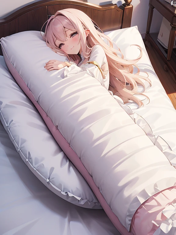 (elongated fluffy body pillow:1.5)、An angel lying face down on a pillow、,goddes beautiful angel, medium large breast, tulle flowin garment, caring smile, blushed,