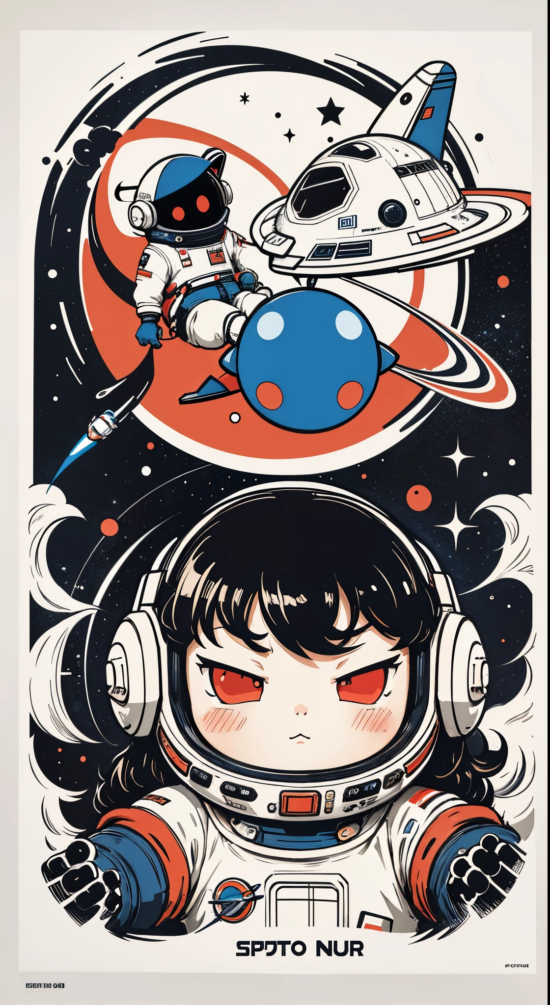 Space poster design。spaceship。The astronaut。Cartoon vector style, Black Red Blue。change， Flat anime style, Cartoon minimalism, Flat vector art, flatillustration, Cartoon Cute,