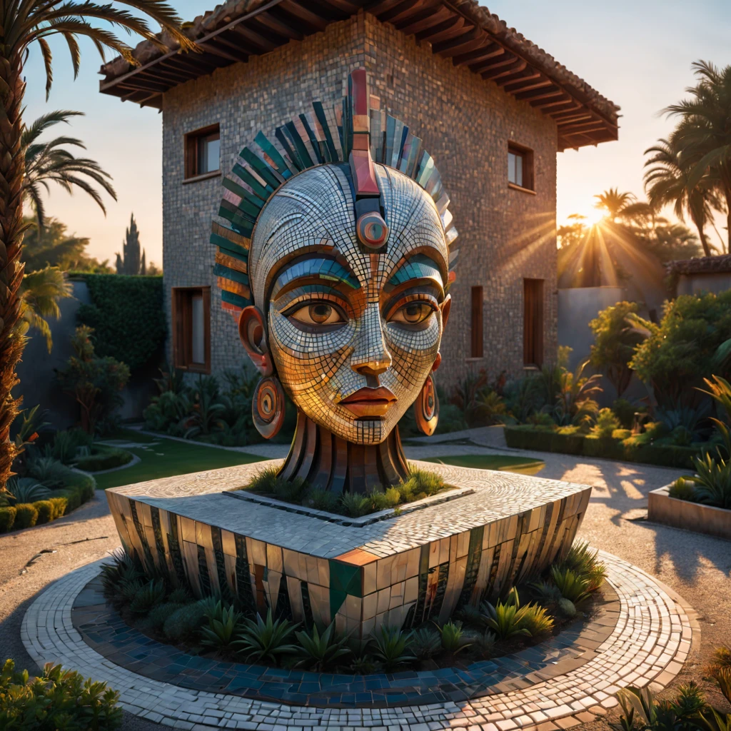 Tribal style villa, external garden, Mosaic tribal sculpture, Stone road, the sunset, Surrealism, Futurism, Hyperrealism, Art Deco, Conceptual art, Cubist Futurism, chiaroscuro, ray tracing, mosaic art, wide shot, best quality, highres, award winning, masterpiece, 4K