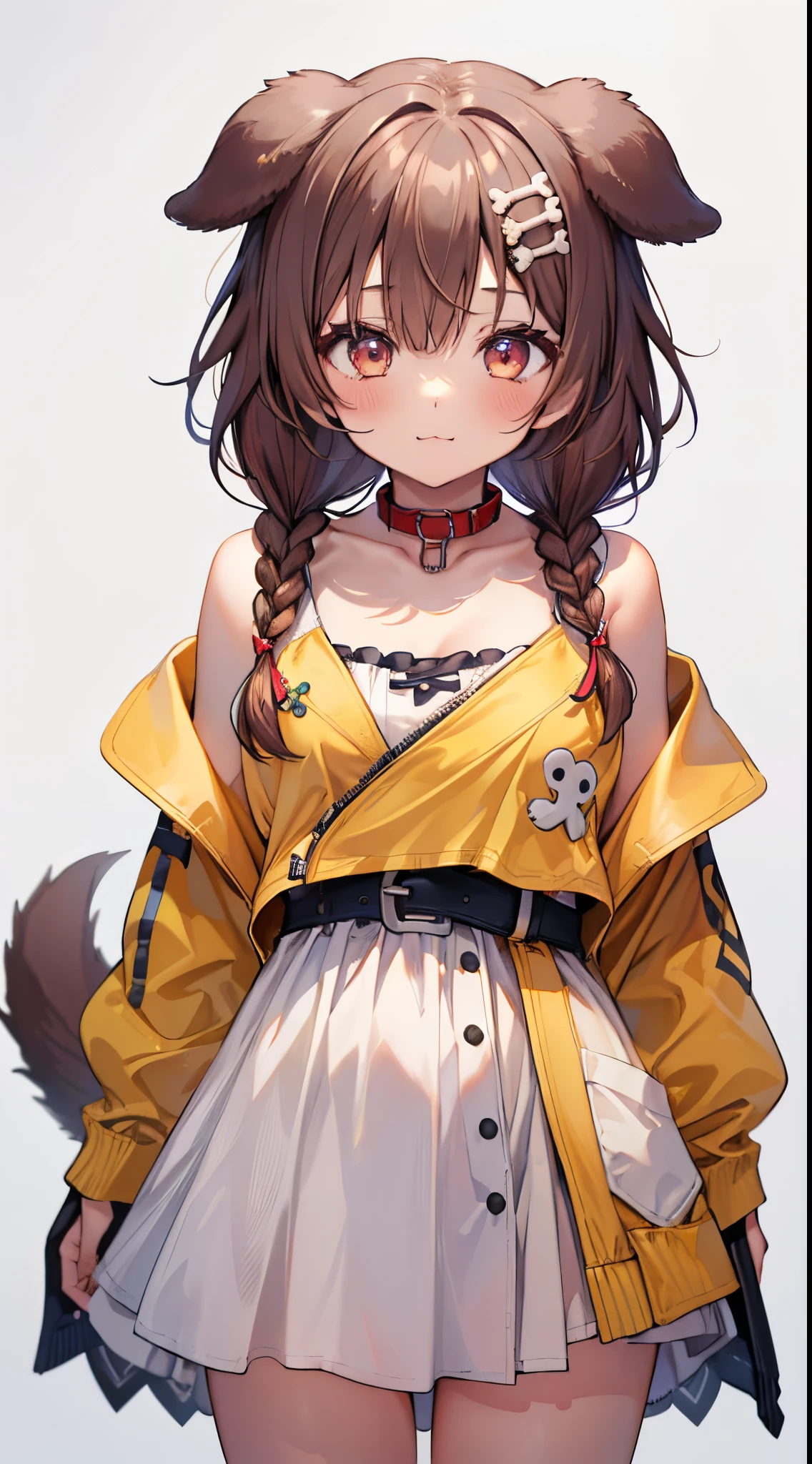 1girl in, Solo, (White background:1.4), Simple background, Standing, Cowboy Shot, corone default, Yellow jacket, White Dress, off shoulders, animal collar, low twin braids, Bone hair ornament, Dog tail, :\3