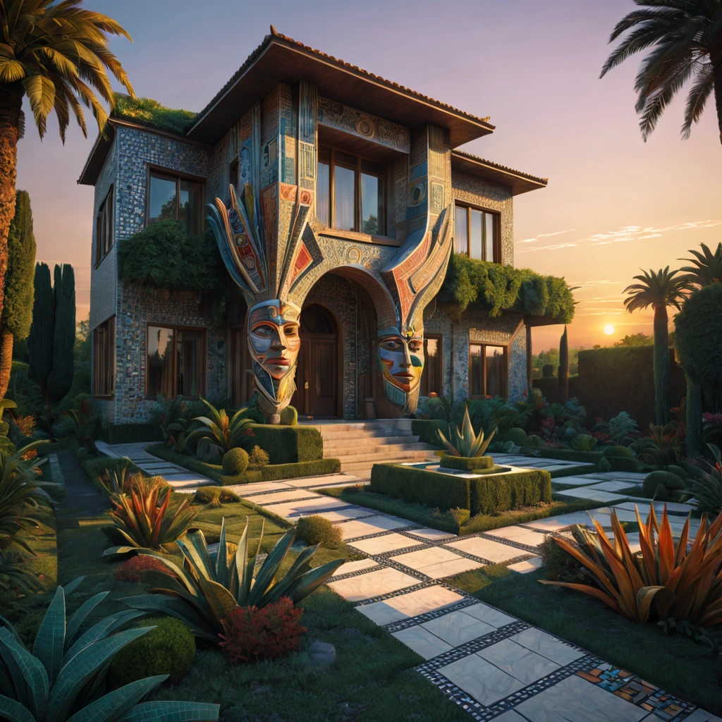 Tribal style villa, external garden, Mosaic tribal sculpture, Stone road, the sunset, Surrealism, Futurism, Hyperrealism, Art Deco, Conceptual art, Cubist Futurism, chiaroscuro, ray tracing, mosaic art, wide shot, best quality, highres, award winning, masterpiece, 4K