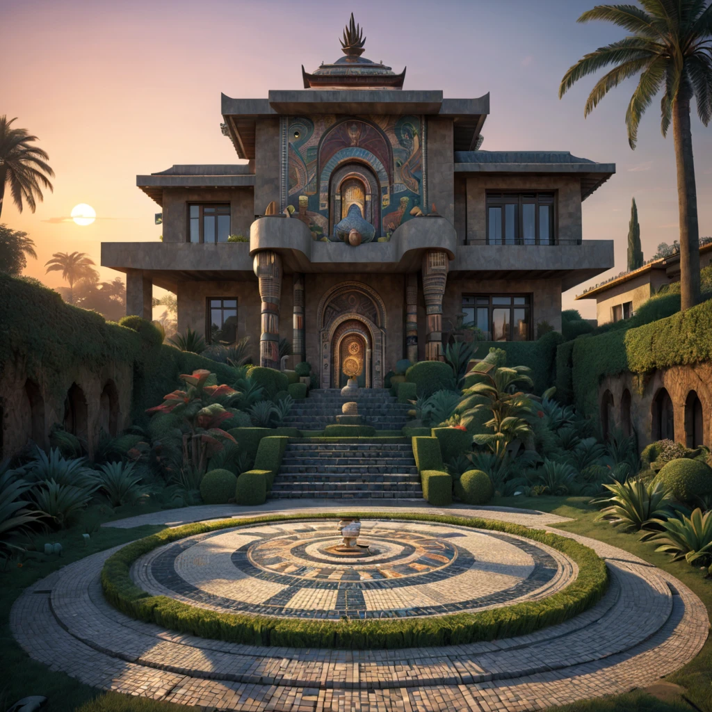 Tribal style villa, external garden, Mosaic tribal sculpture, Stone road, the sunset, Surrealism, Futurism, Hyperrealism, Art Deco, Conceptual art, Cubist Futurism, chiaroscuro, ray tracing, mosaic art, wide shot, best quality, highres, award winning, masterpiece, 4K