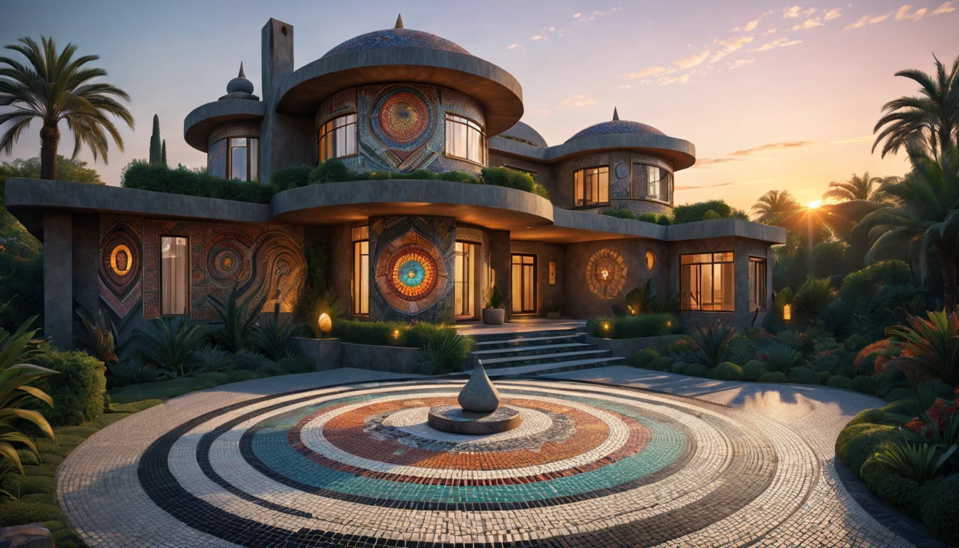 Tribal style villa, external garden, Mosaic tribal sculpture, Stone road, the sunset, Surrealism, Futurism, Hyperrealism, Art Deco, Conceptual art, Cubist Futurism, chiaroscuro, ray tracing, mosaic art, wide shot, best quality, highres, award winning, masterpiece, 4K