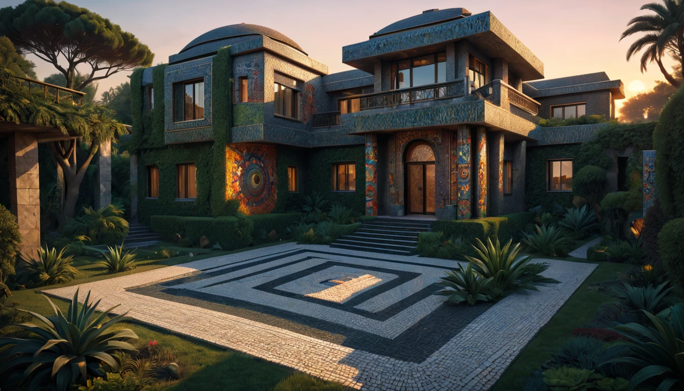 Tribal style villa, external garden, Mosaic tribal sculpture, Stone road, the sunset, Surrealism, Futurism, Hyperrealism, Art Deco, Conceptual art, Cubist Futurism, chiaroscuro, ray tracing, mosaic art, wide shot, best quality, highres, award winning, masterpiece, 4K