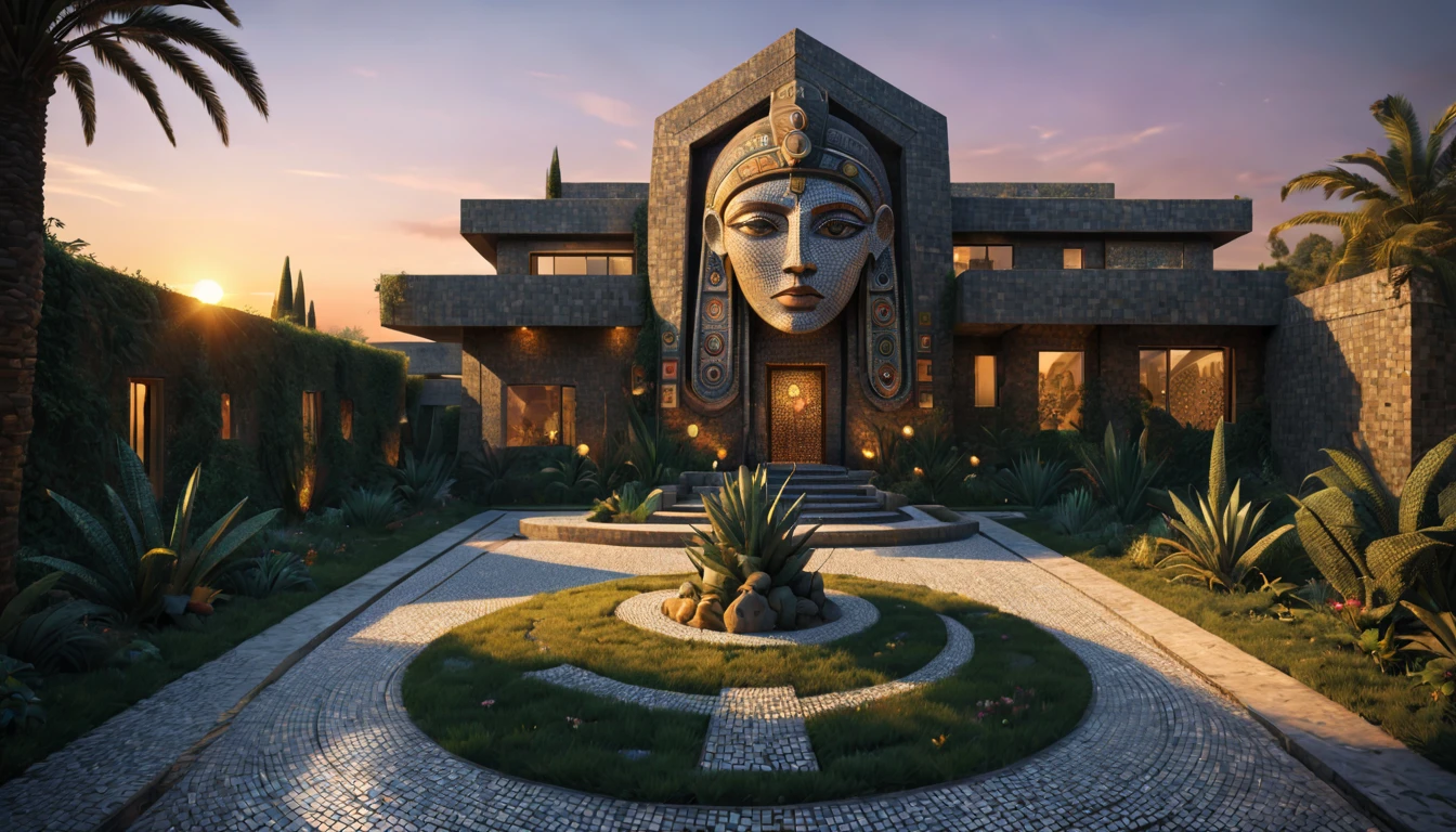 Tribal style villa, external garden, Mosaic tribal sculpture, Stone road, the sunset, Surrealism, Futurism, Hyperrealism, Art Deco, Conceptual art, Cubist Futurism, chiaroscuro, ray tracing, mosaic art, wide shot, best quality, highres, award winning, masterpiece, 4K