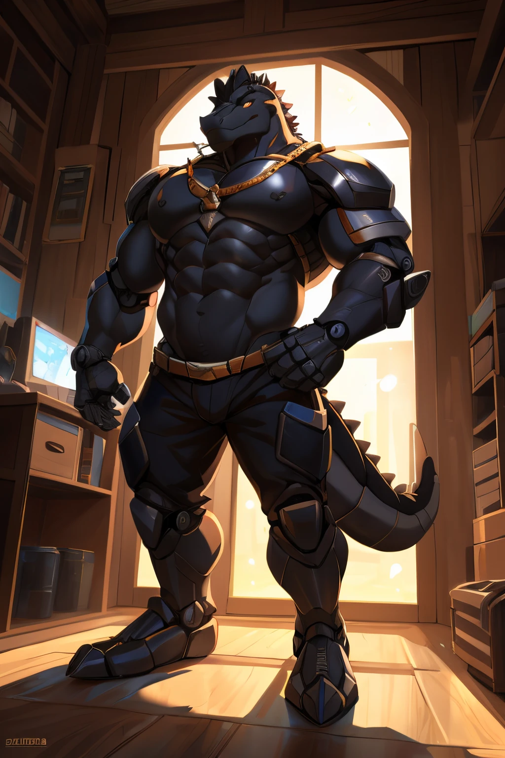 nj5furry, Masterpiece, Best Quality, high resolution, Digital paint \(until\), by (por canyne khai, (By Takemoto Arashi), by Null-Ghost, by kiyosan, by milkytiger1145), thunder (/fortnite/, mecha, joints, robotic joints, robot, non-humanoid robot, Alone, 1 male antrum, 1st grade, scales, Whole body, Gloves without fingers, detailed eyes, Red eyes, Ojuelos, Ojuelos, Shadows, smile, smiling, glowing light particles, light particles, shiny bubbles, clouds, Shadows, in the room, standingn, Wardrobe, bed, window, with a big bulge in his underwear, Make tin arms again